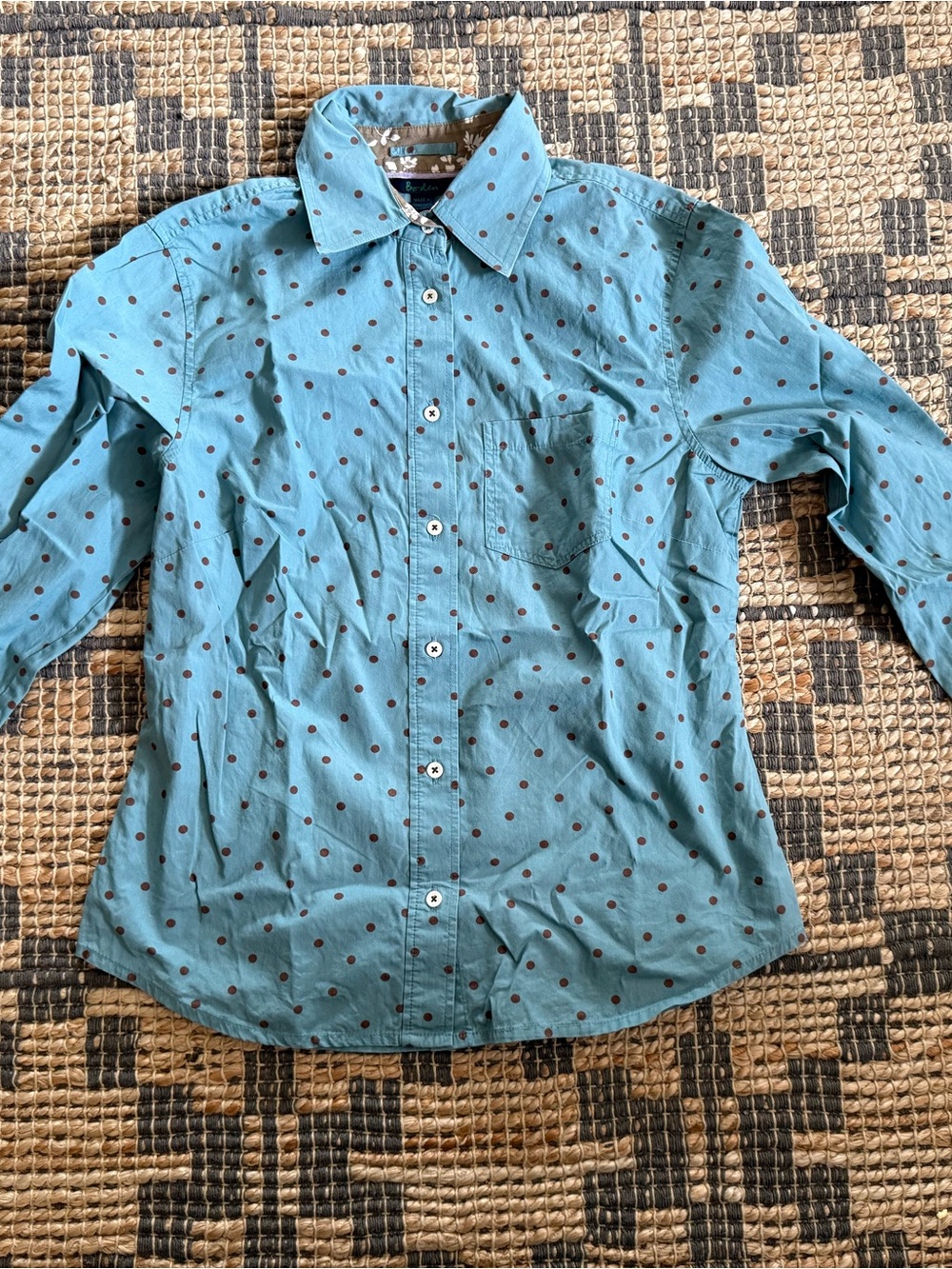 Mini Boden Teal Blue Button-Down Shirt with Brown Polka Dots